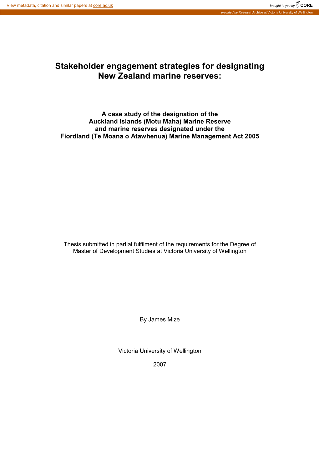 Stakeholder Engagement Strategies for Designating New Zealand Marine Reserves