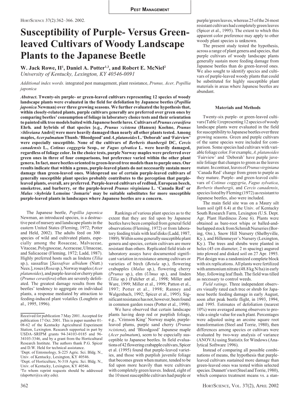 Leaved Cultivars of Woody Landscape Plants to the Japanese Beetle