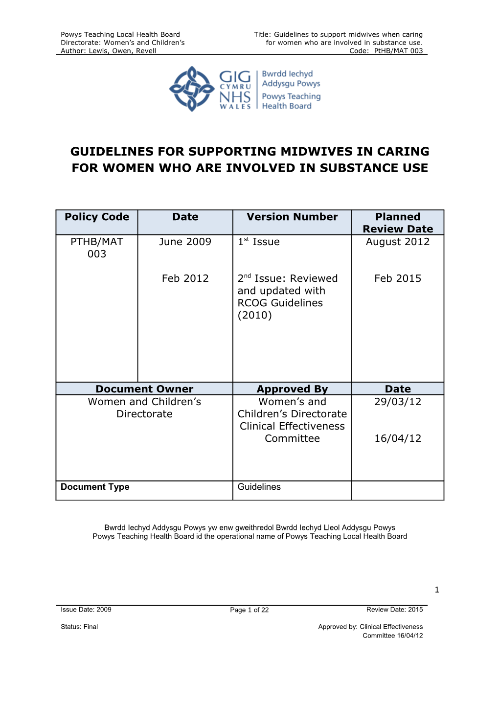 Guidelines for Supporting Midwives in Caring for Women Who Are Involved in Substance Use