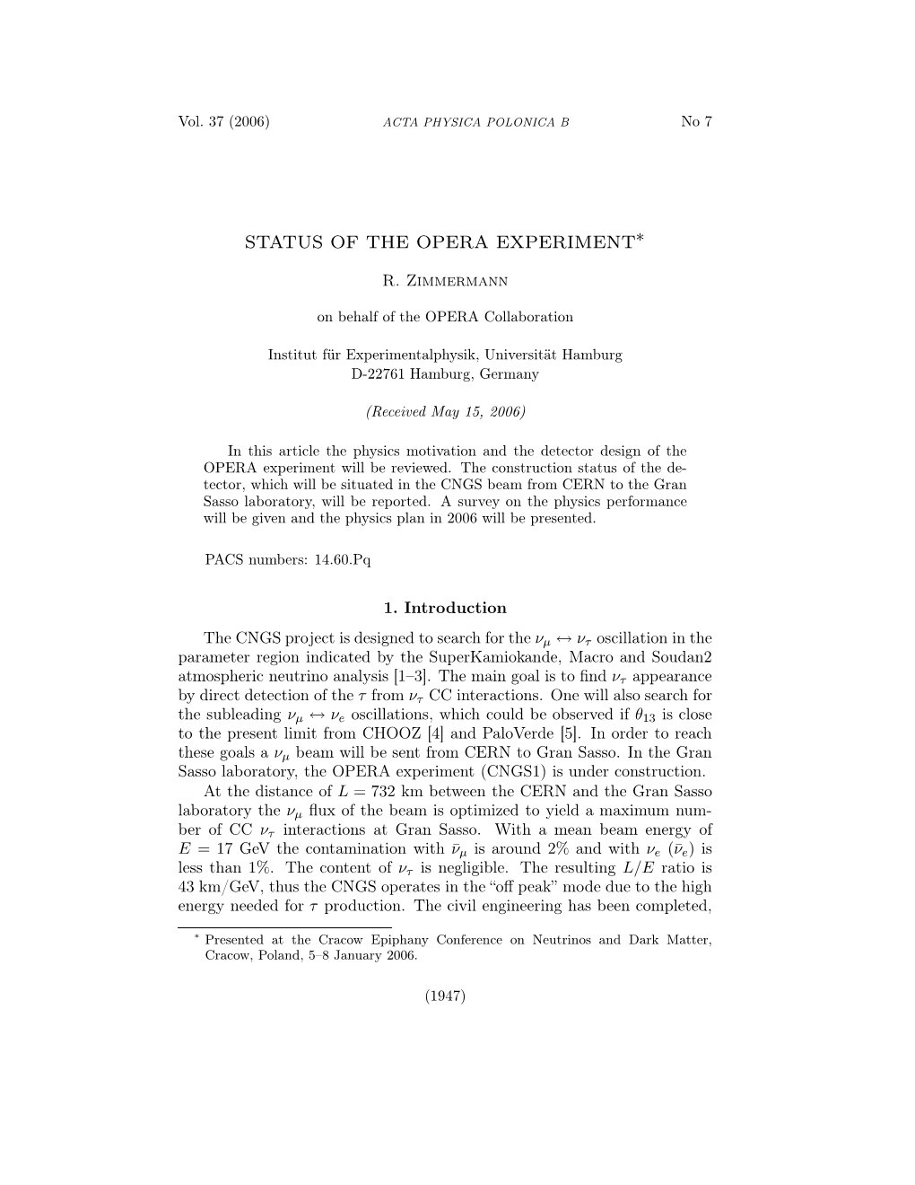 Status of the Opera Experiment∗