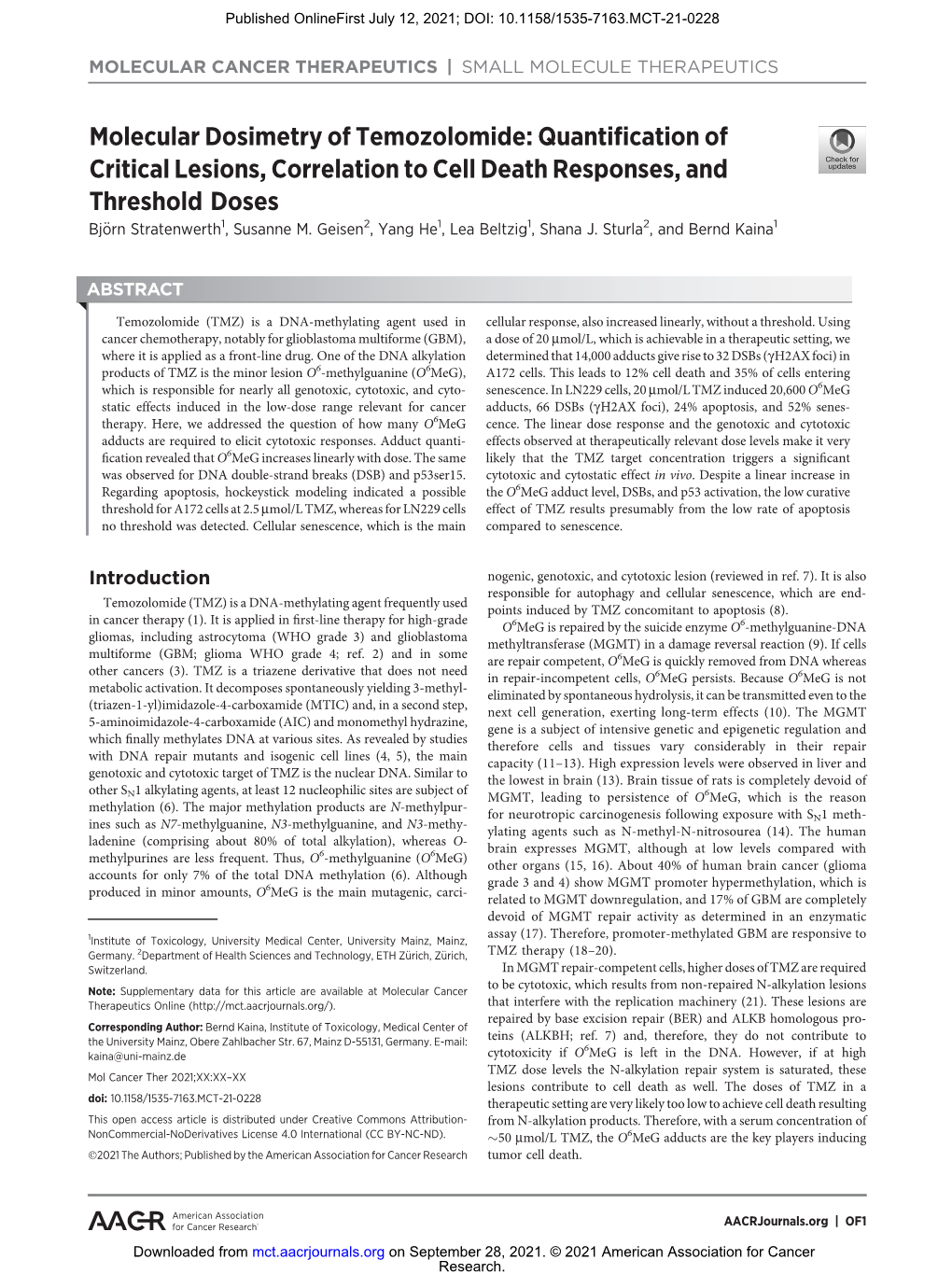 Quantification of Critical Lesions, Correlation to Cell Death Responses, and Threshold Doses