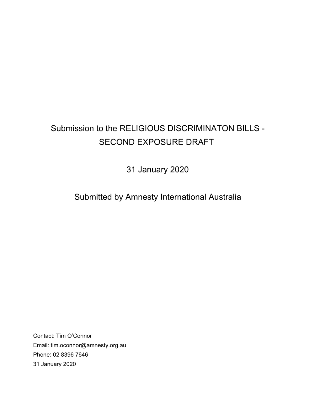 Submission to the RELIGIOUS DISCRIMINATON BILLS - SECOND EXPOSURE DRAFT