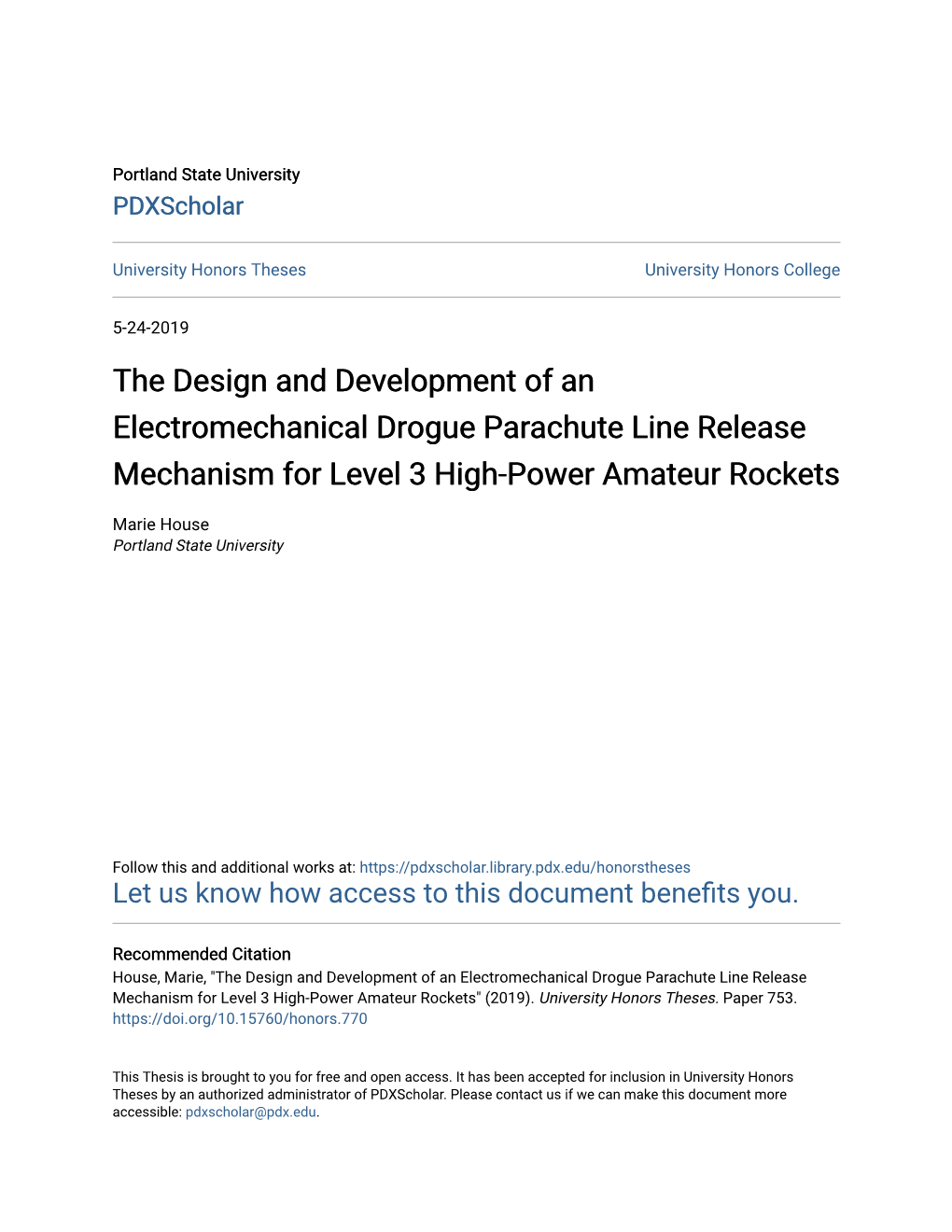 The Design and Development of an Electromechanical Drogue Parachute Line Release Mechanism for Level 3 High-Power Amateur Rockets