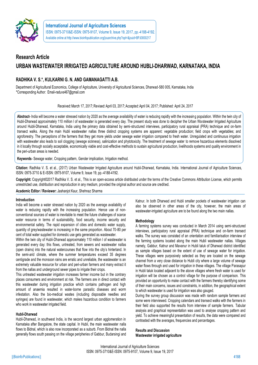 Research Article URBAN WASTEWATER IRRIGATED AGRICULTURE AROUND HUBLI-DHARWAD, KARNATAKA, INDIA