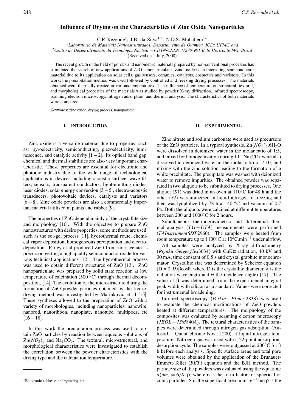 Influence of Drying on the Characteristics of Zinc Oxide