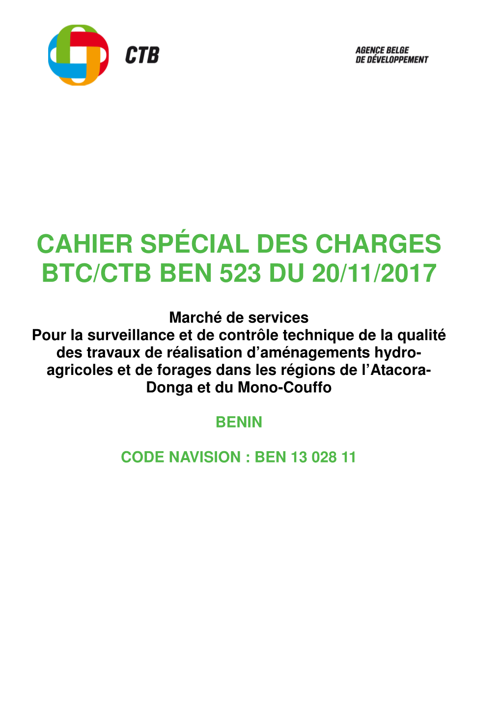 Cahier Spécial Des Charges Btc/Ctb Ben 523 Du 20/11/2017