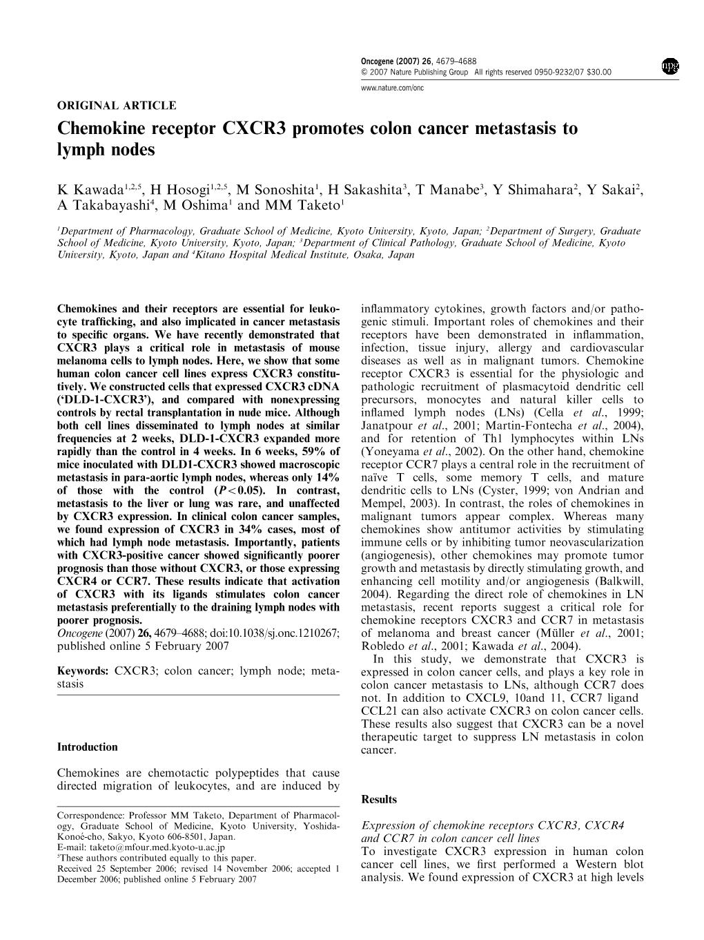 Chemokine Receptor CXCR3 Promotes Colon Cancer Metastasis to Lymph Nodes