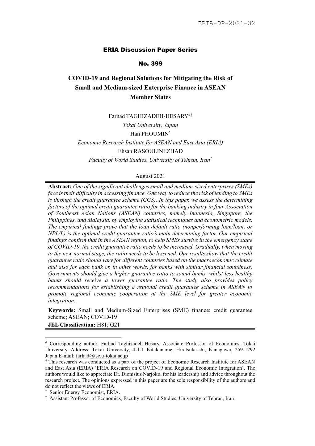 COVID-19 and Regional Solutions for Mitigating the Risk of Small and Medium-Sized Enterprise Finance in ASEAN Member States