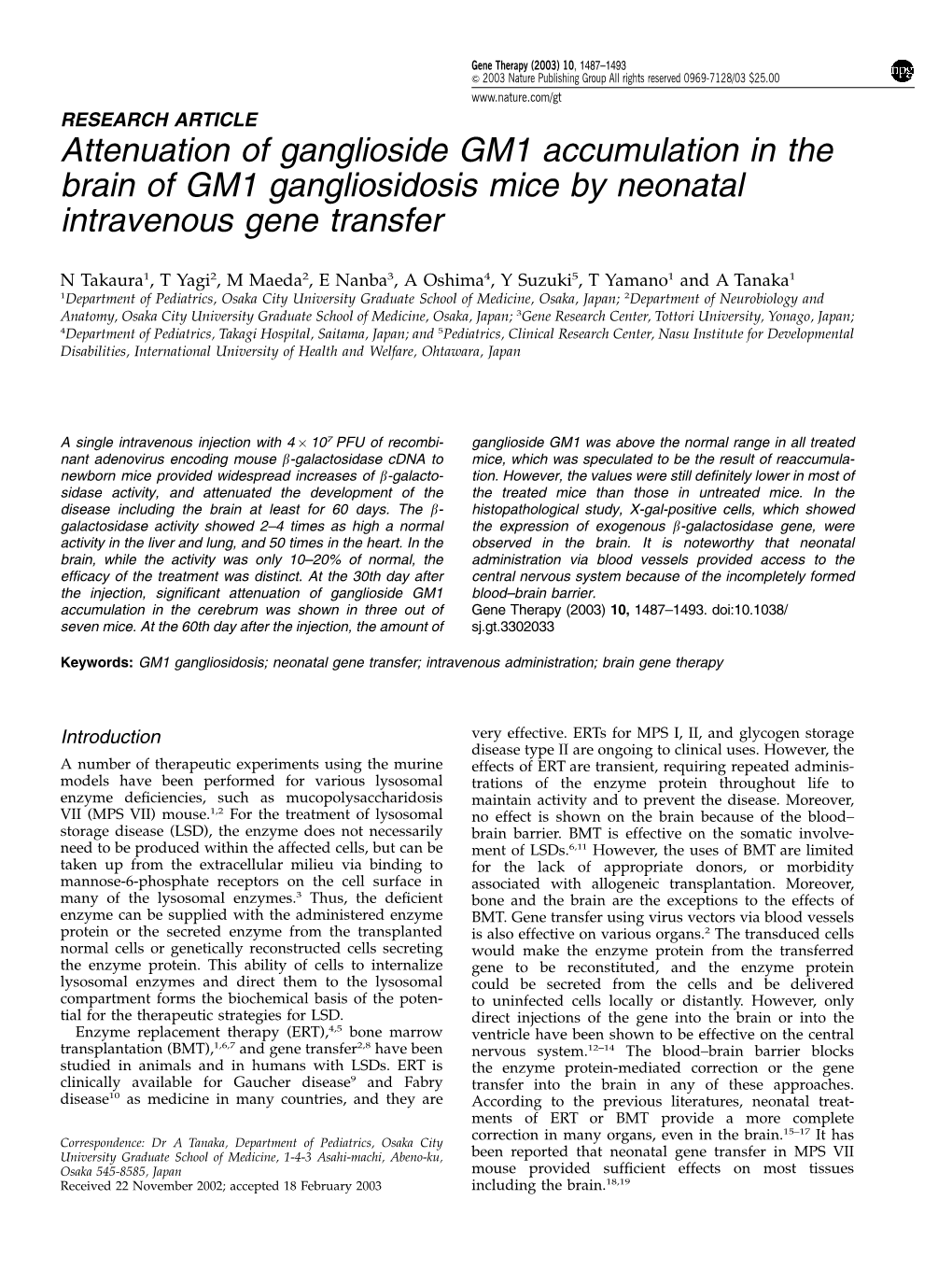 Attenuation of Ganglioside GM1 Accumulation in the Brain of GM1 Gangliosidosis Mice by Neonatal Intravenous Gene Transfer
