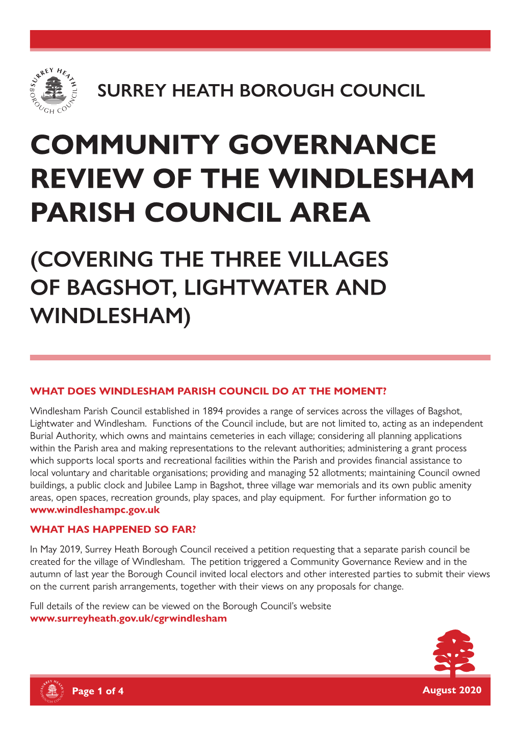 Community Governance Review of the Windlesham Parish Council Area (Covering the Three Villages of Bagshot, Lightwater and Windlesham)