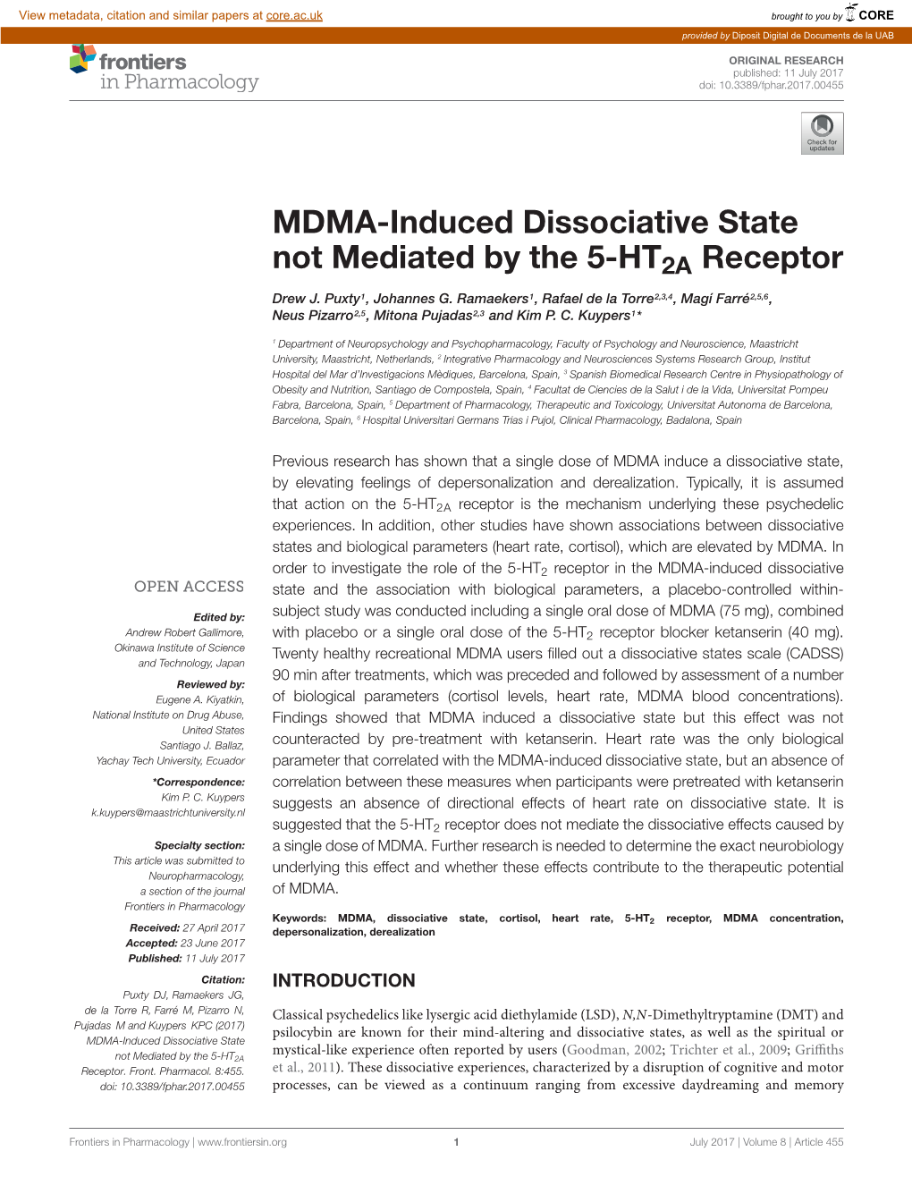 MDMA-Induced Dissociative State Not Mediated by the 5-HT2A Receptor