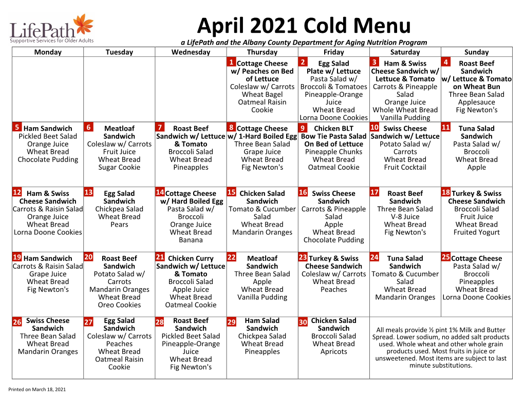 April 2021 Cold Menu