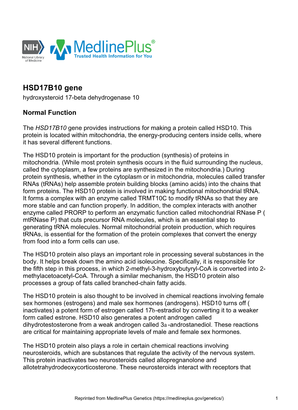 HSD17B10 Gene Hydroxysteroid 17-Beta Dehydrogenase 10