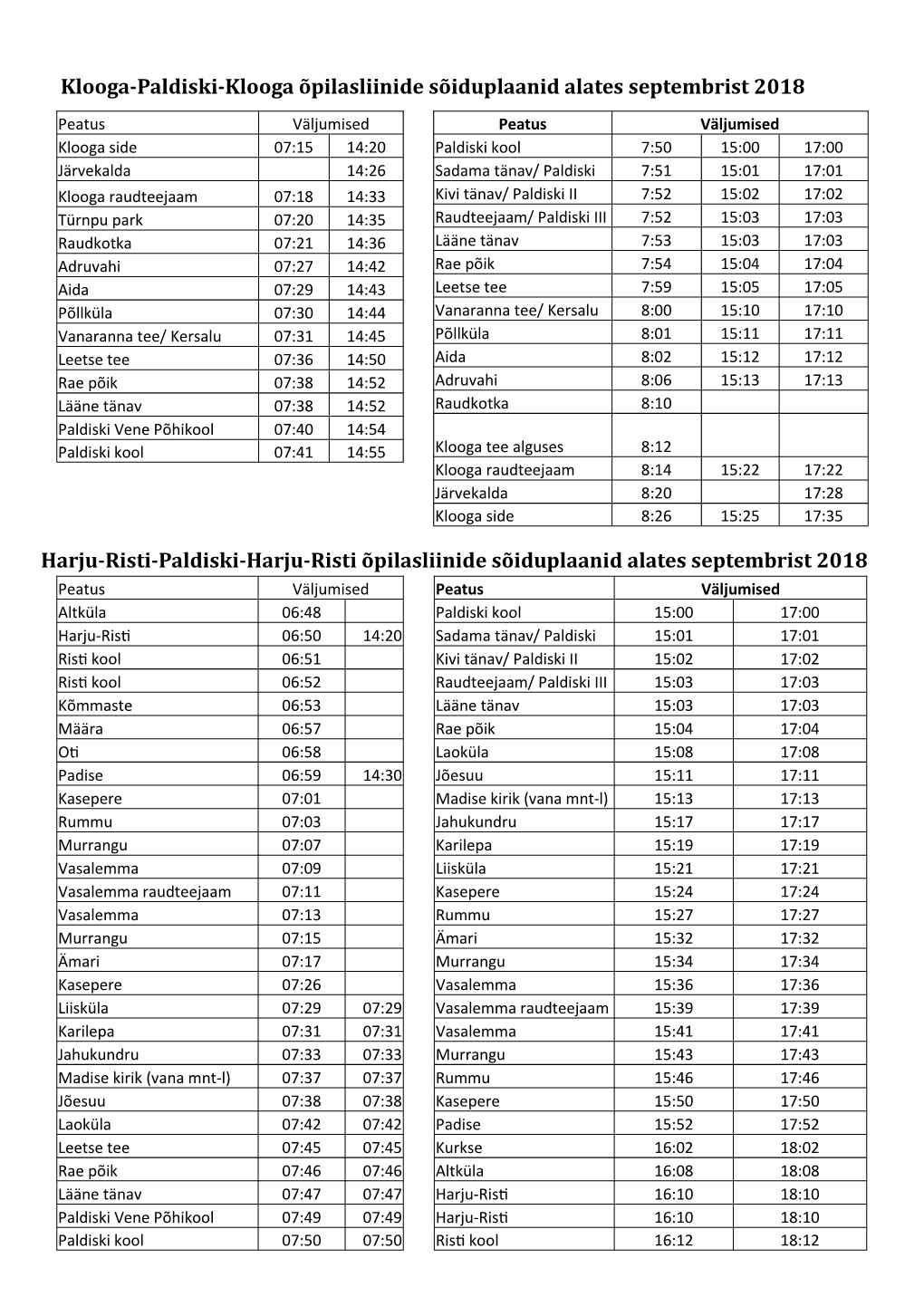 Klooga-Paldiski-Klooga Õpilasliinide Sõiduplaanid Alates Septembrist 2018