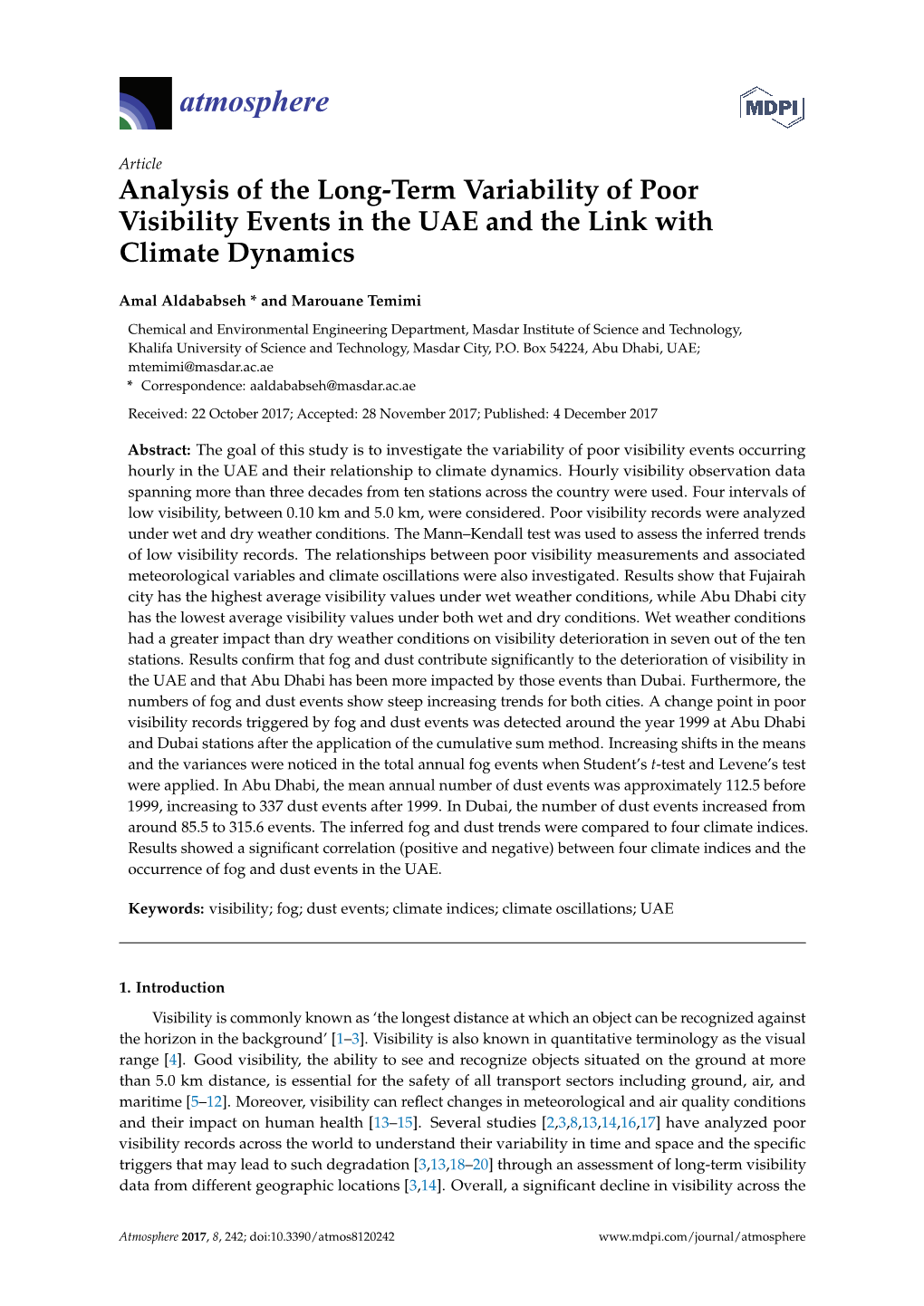 Analysis of the Long-Term Variability of Poor Visibility Events in the UAE and the Link with Climate Dynamics