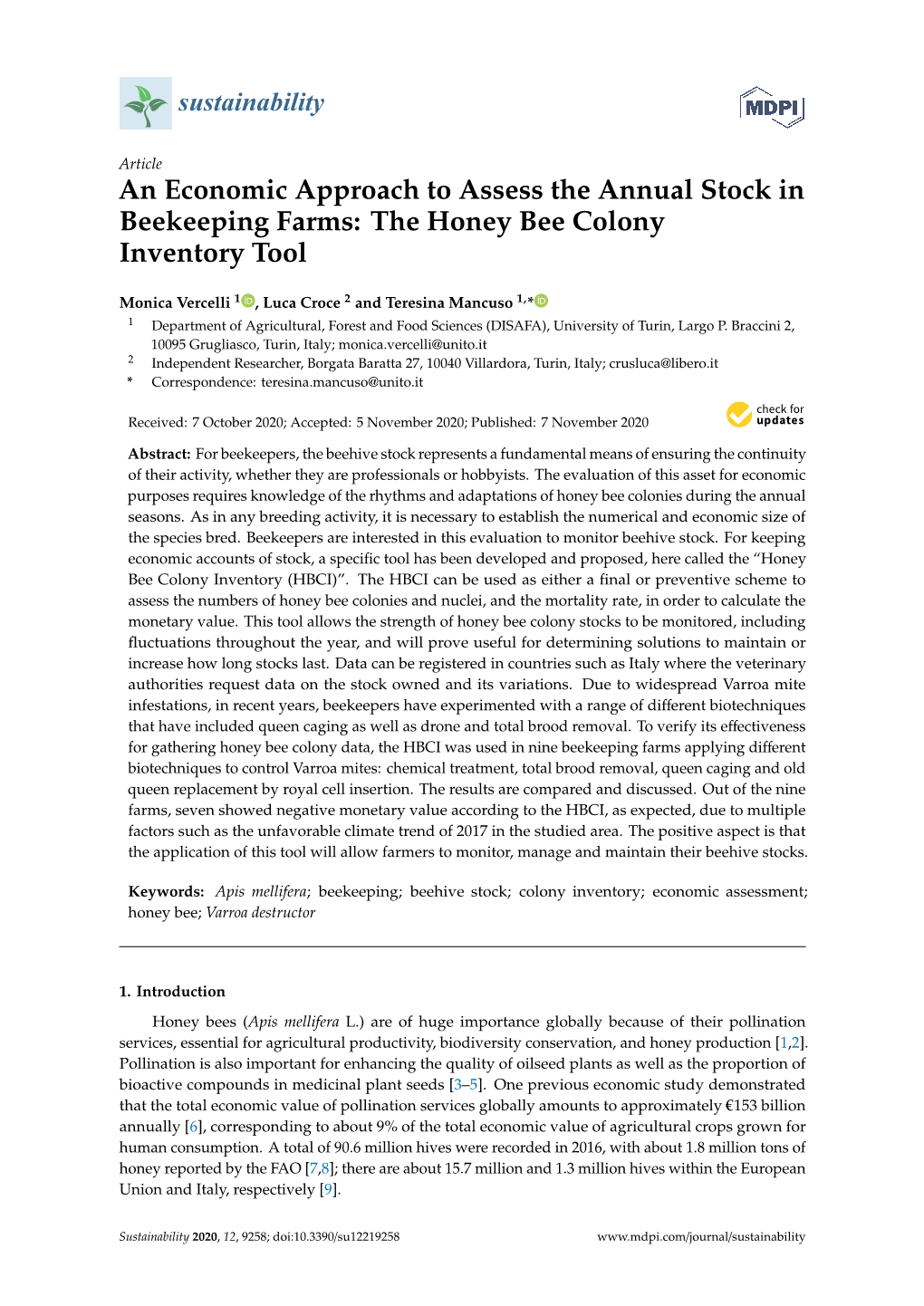 An Economic Approach to Assess the Annual Stock in Beekeeping Farms: the Honey Bee Colony Inventory Tool