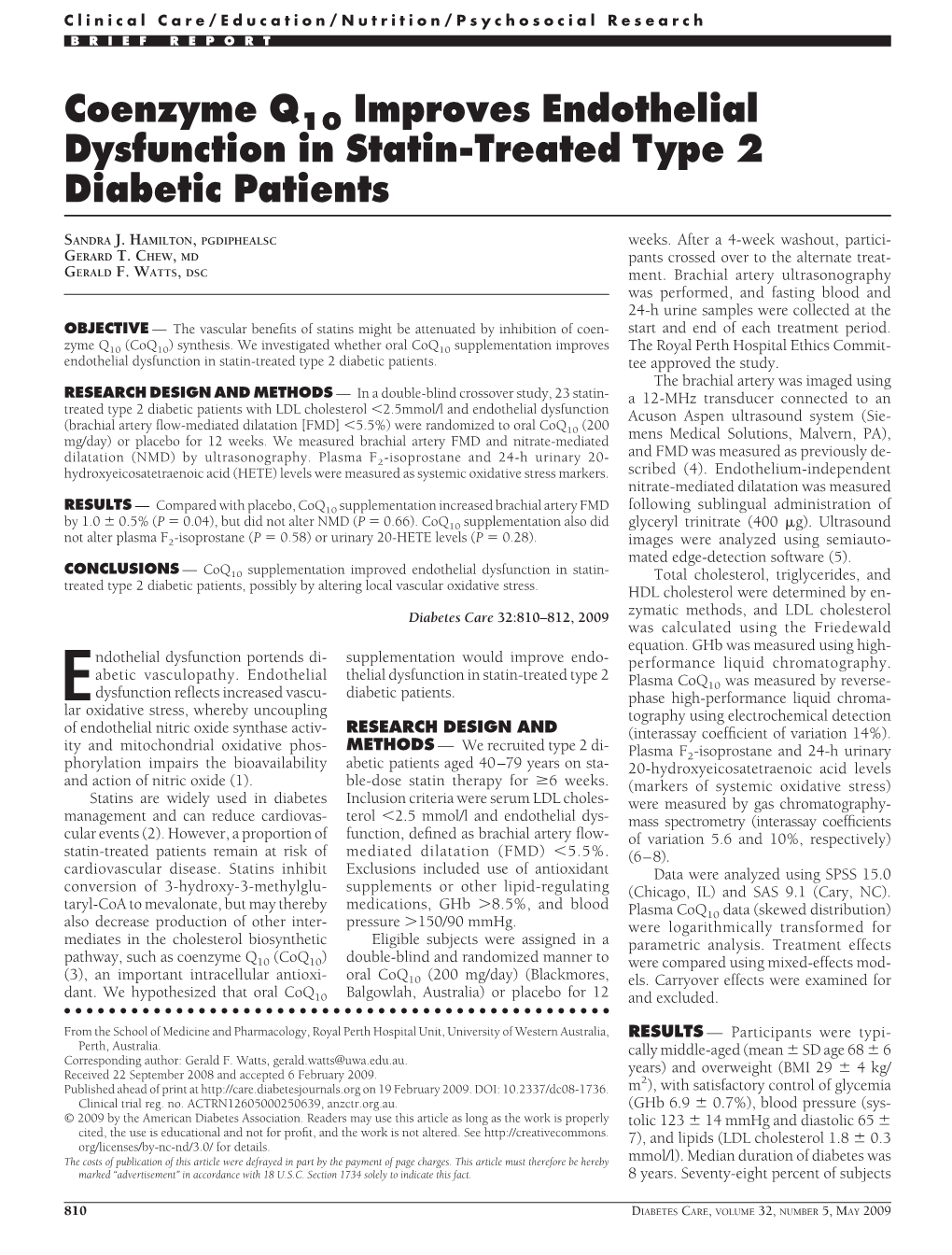 Coenzyme Q10 Improves Endothelial Dysfunction in Statin-Treated Type 2 Diabetic Patients