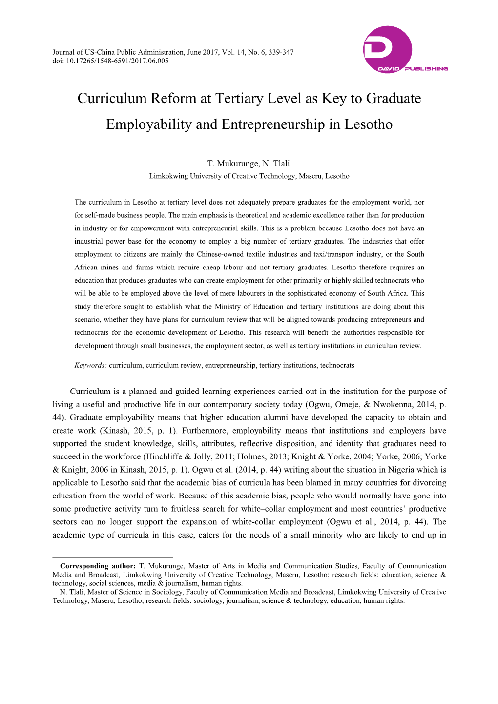 Curriculum Reform at Tertiary Level As Key to Graduate Employability and Entrepreneurship in Lesotho