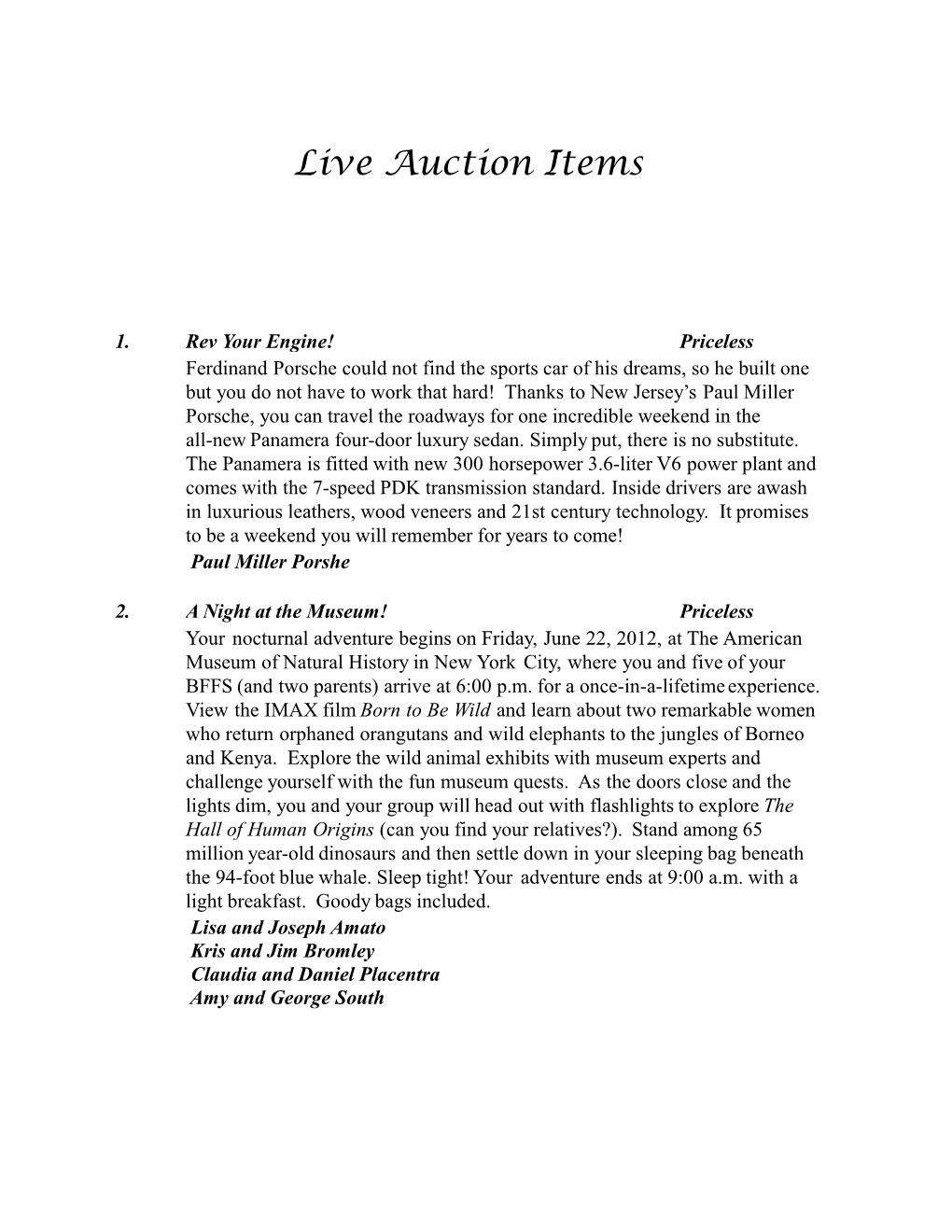 Live Auction Items