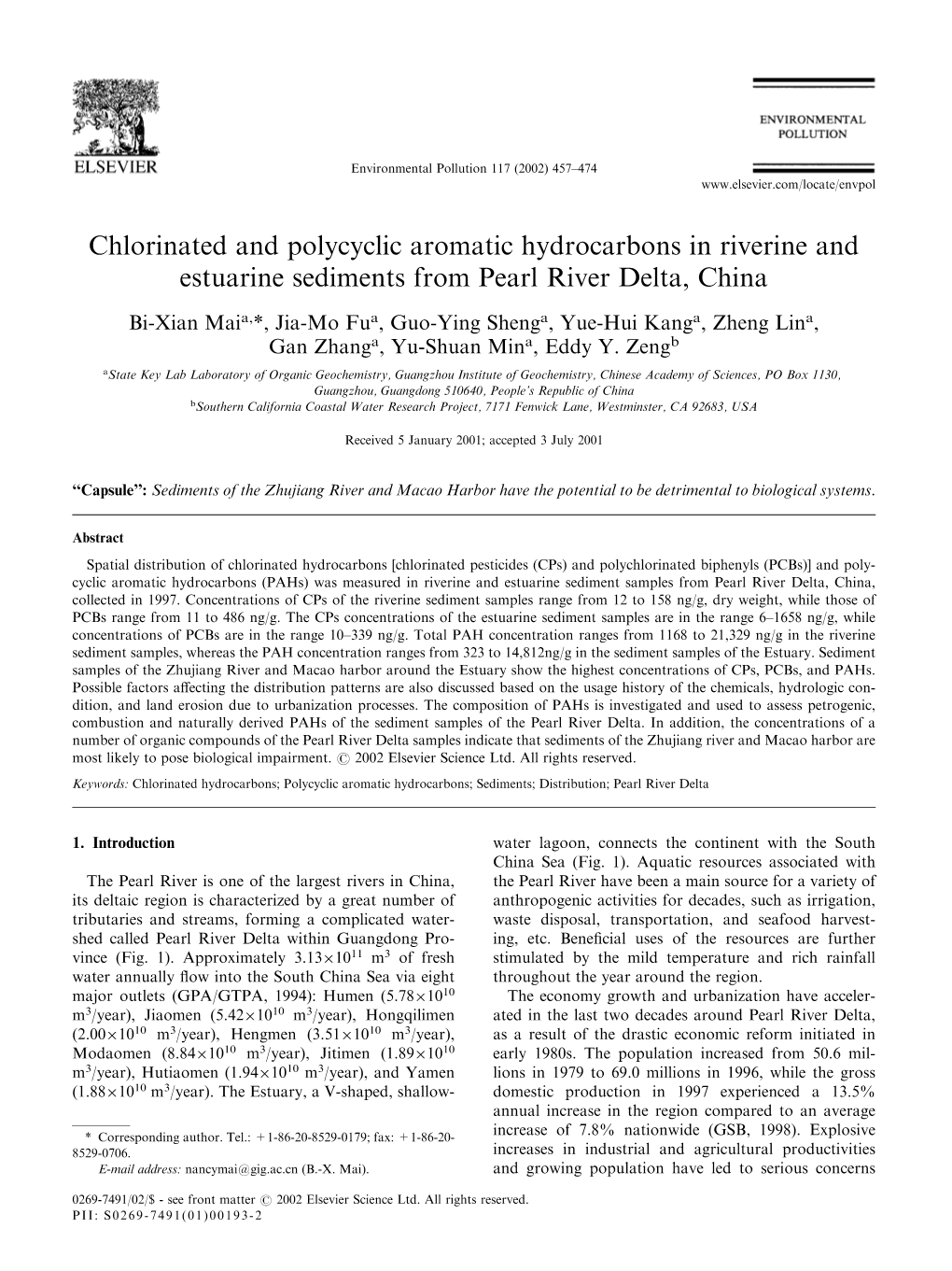 Chlorinated and Polycyclic Aromatic Hydrocarbons in Riverine and Estuarine Sediments from Pearl River Delta, China