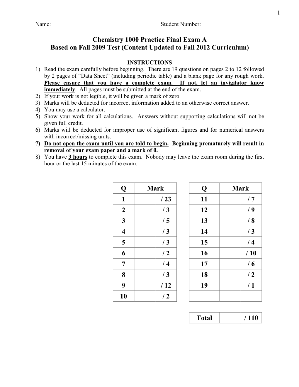 CHEM 1000 Practice Final a (Answers)