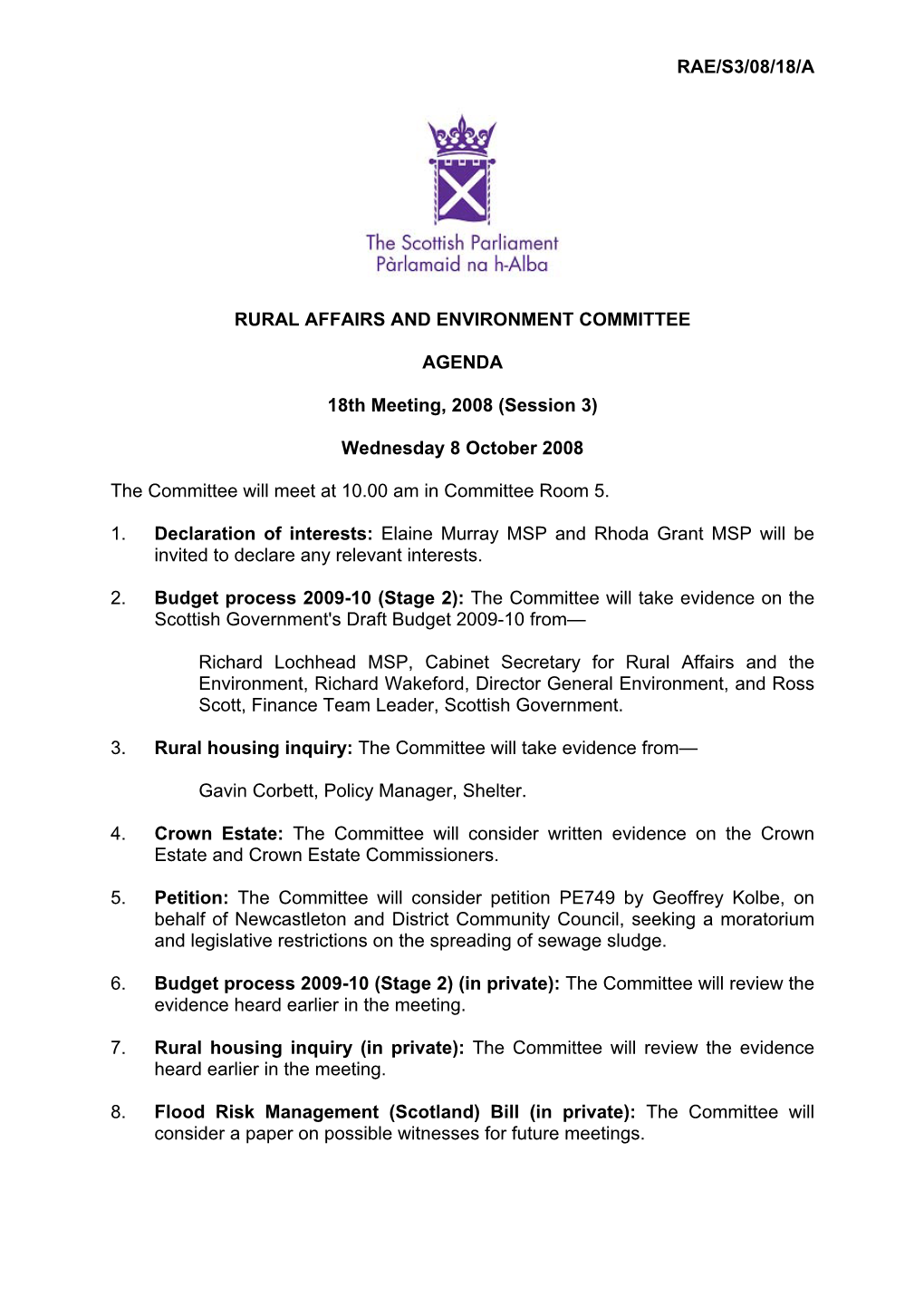 Rae/S3/08/18/A Rural Affairs and Environment Committee