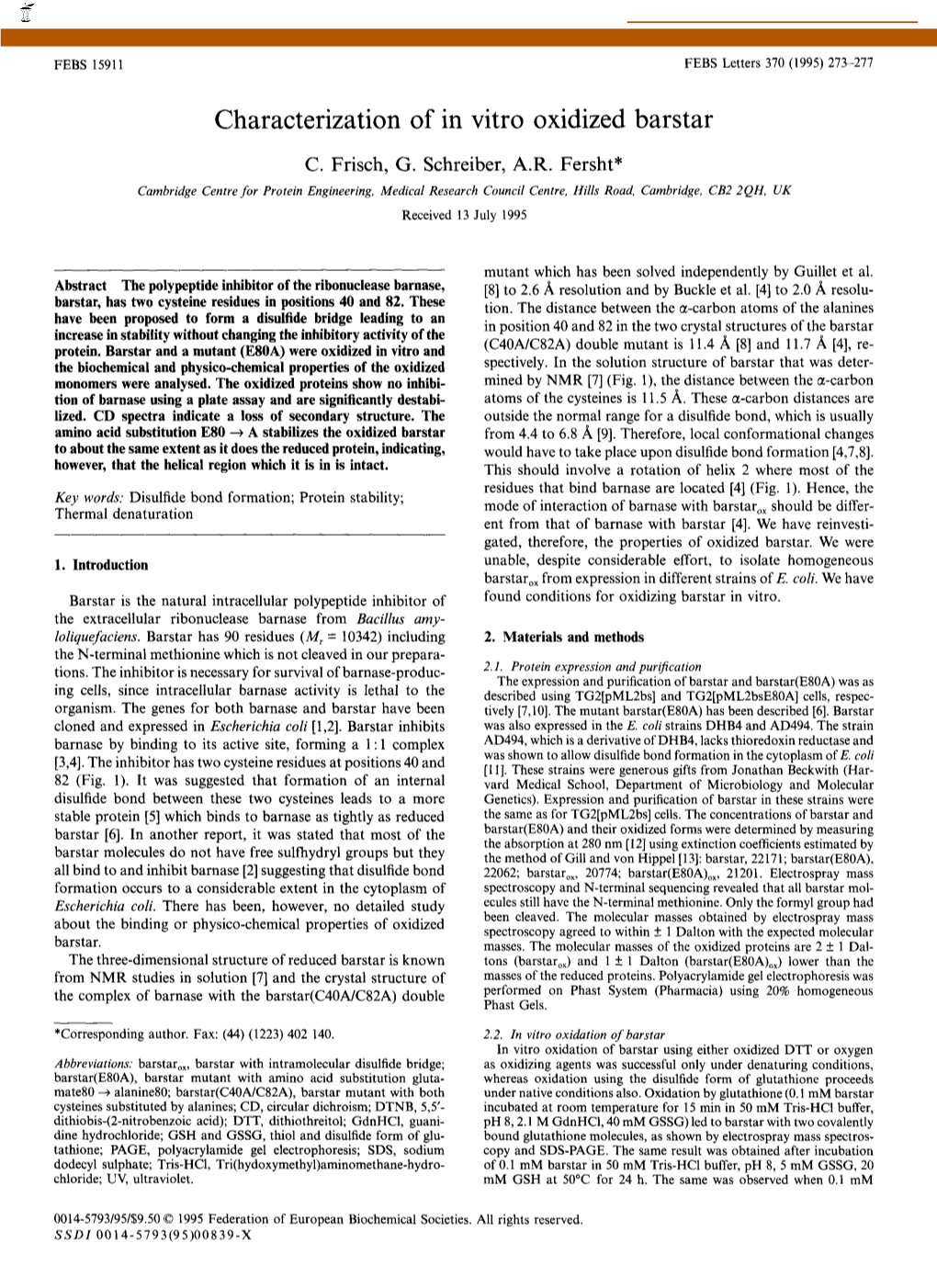 Characterization of in Vitro Oxidized Barstar