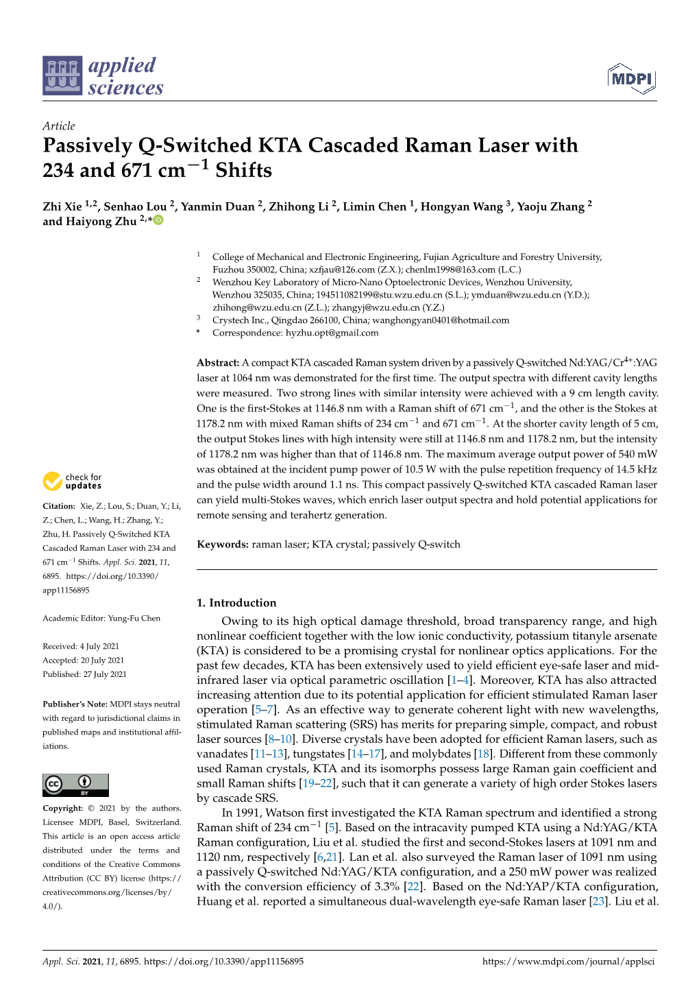 Passively Q-Switched KTA Cascaded Raman Laser with 234 and 671 Cm−1 Shifts