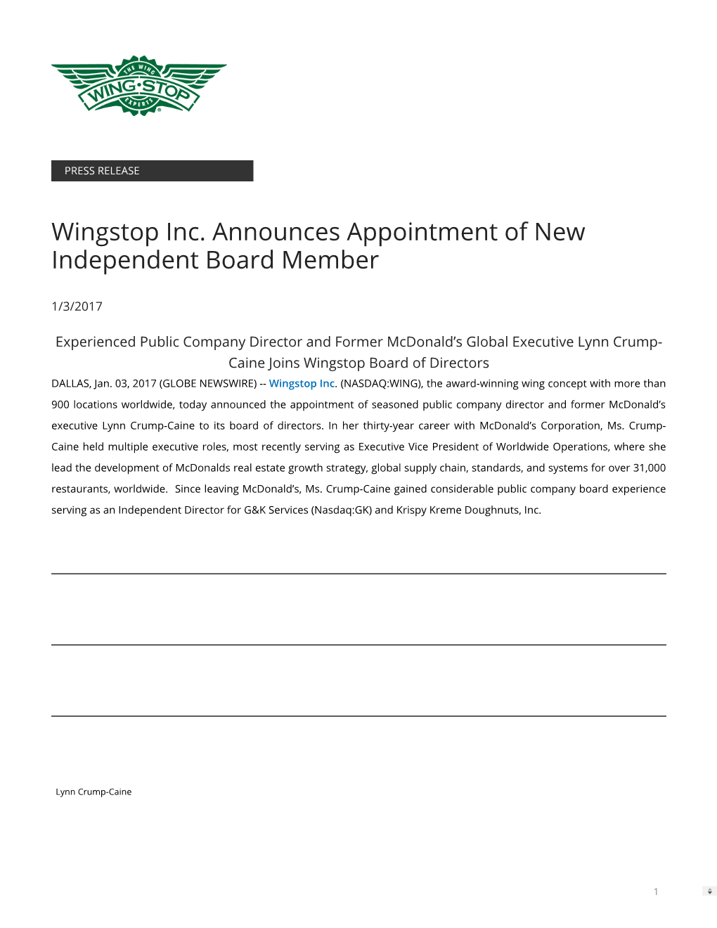 Wingstop Inc. Announces Appointment of New Independent Board Member