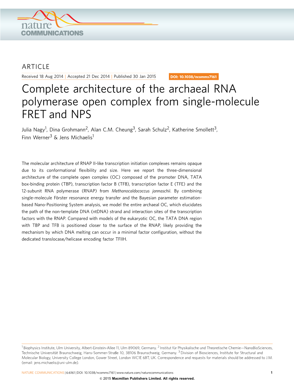 Complete Architecture of the Archaeal RNA Polymerase Open Complex from Single-Molecule FRET and NPS