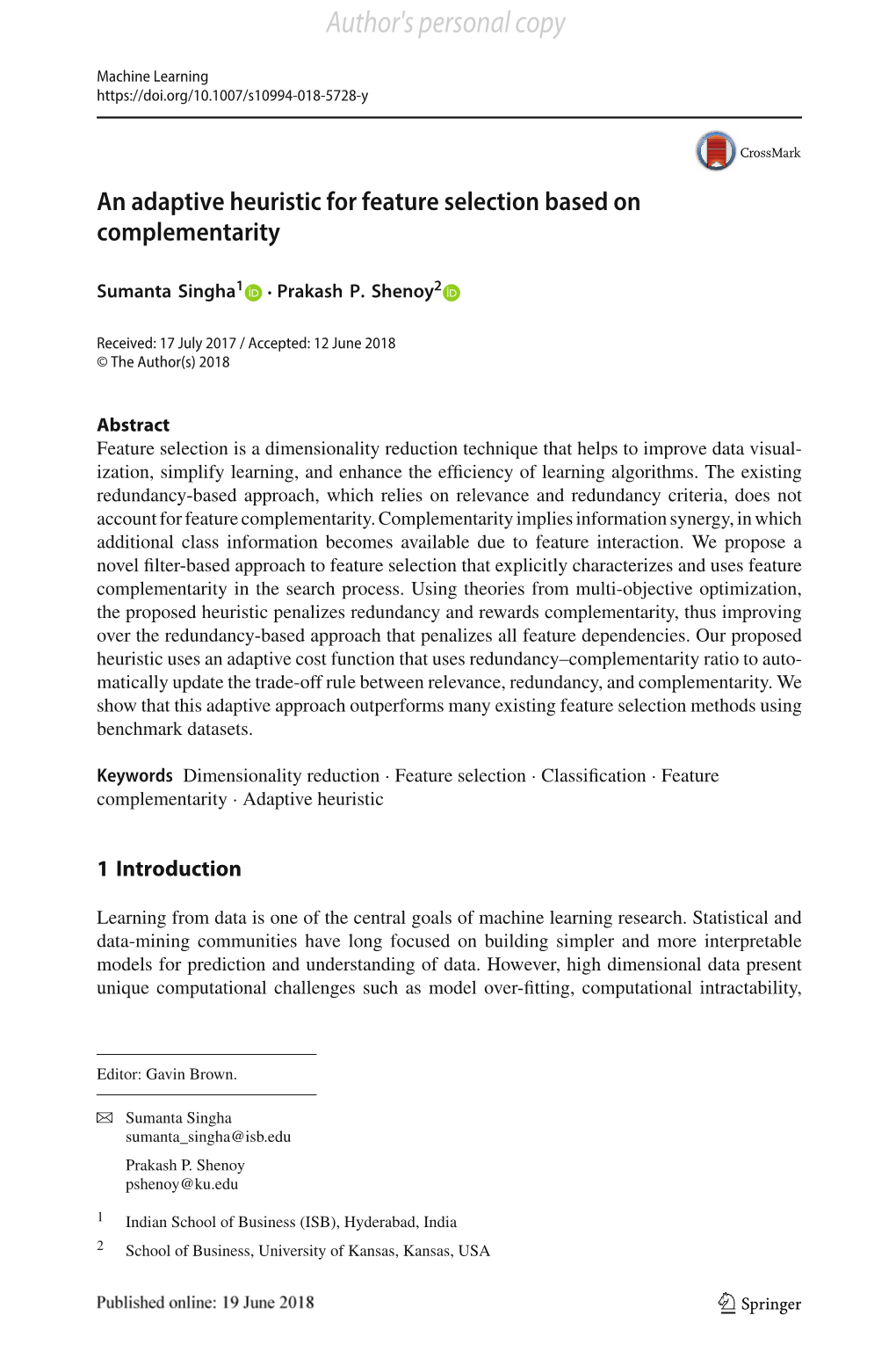 An Adaptive Heuristic for Feature Selection Based on Complementarity