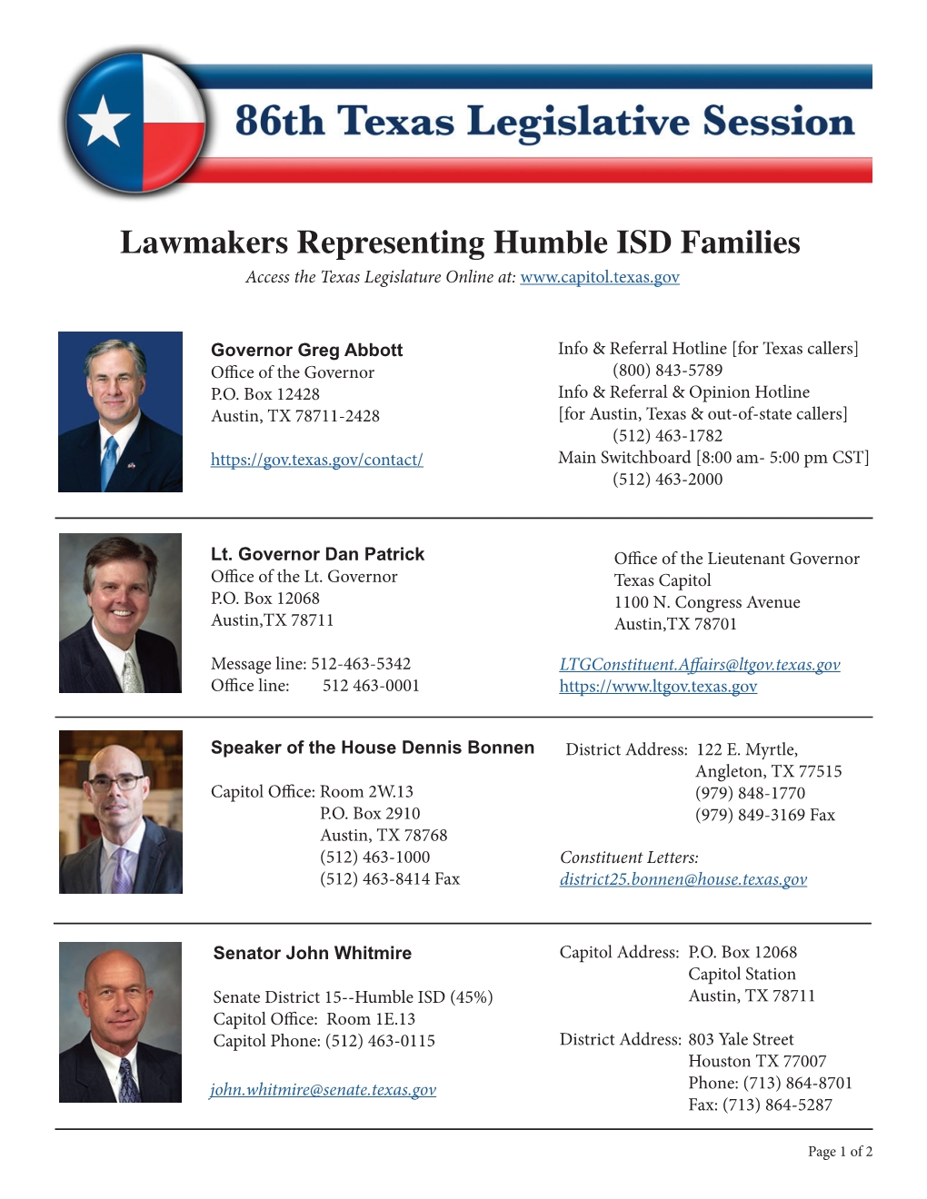 Lawmakers Representing Humble ISD Families Access the Texas Legislature Online At