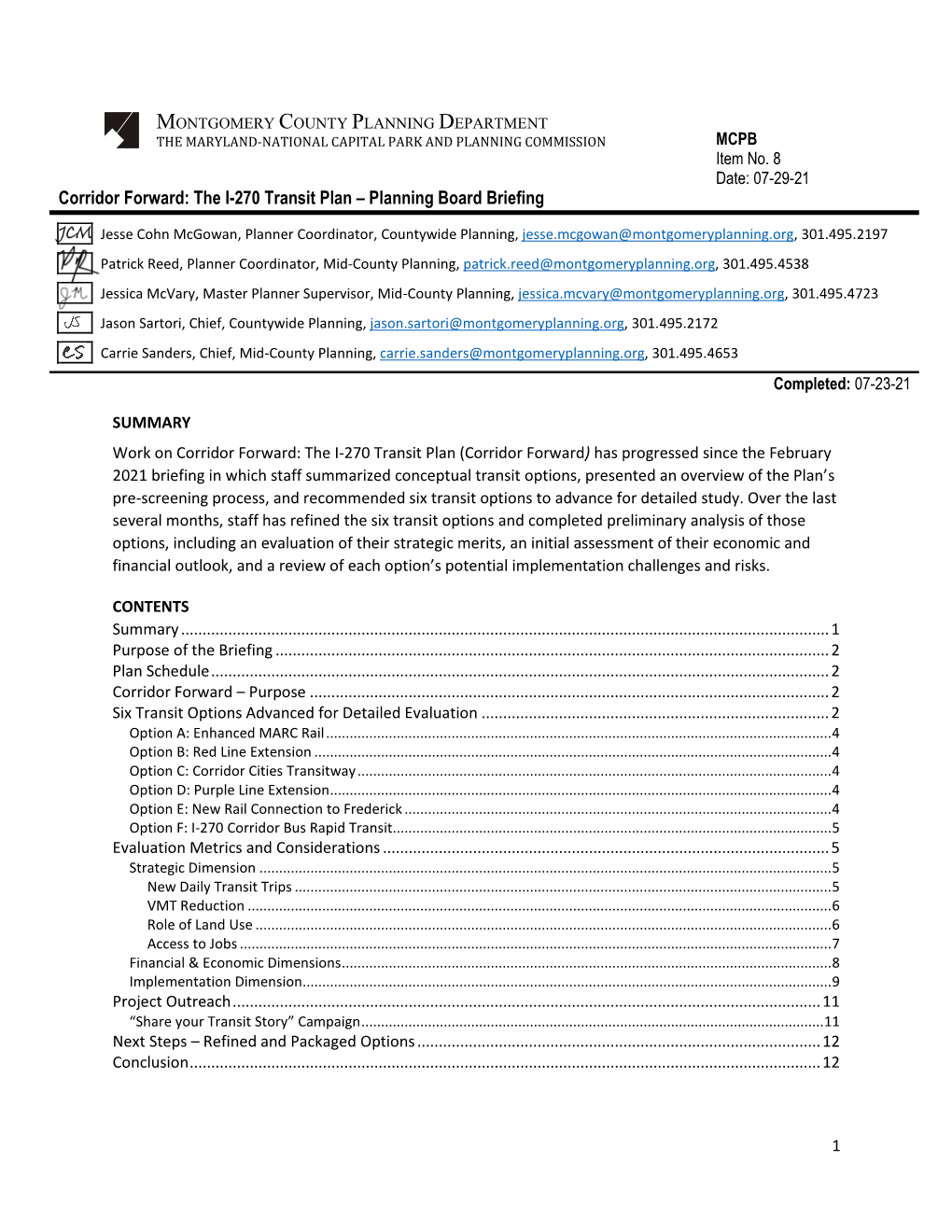 The I-270 Transit Plan – Planning Board Briefing