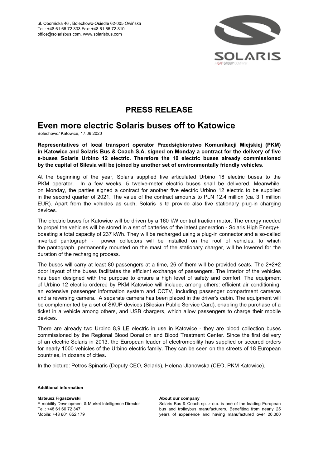 PRESS RELEASE Even More Electric Solaris Buses Off to Katowice