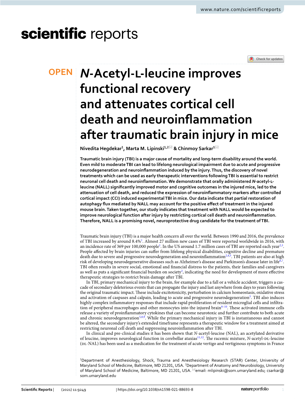 N-Acetyl-L-Leucine Improves Functional Recovery and Attenuates Cortical Cell