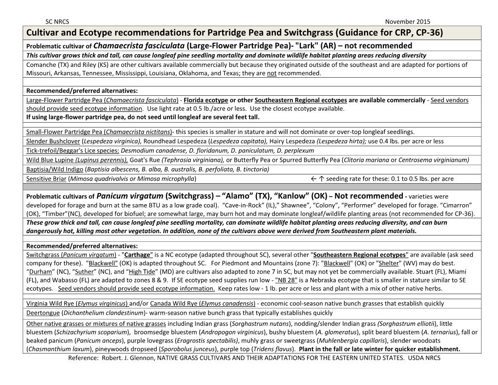 Cultivar and Ecotype Recommendations for Partridge Pea