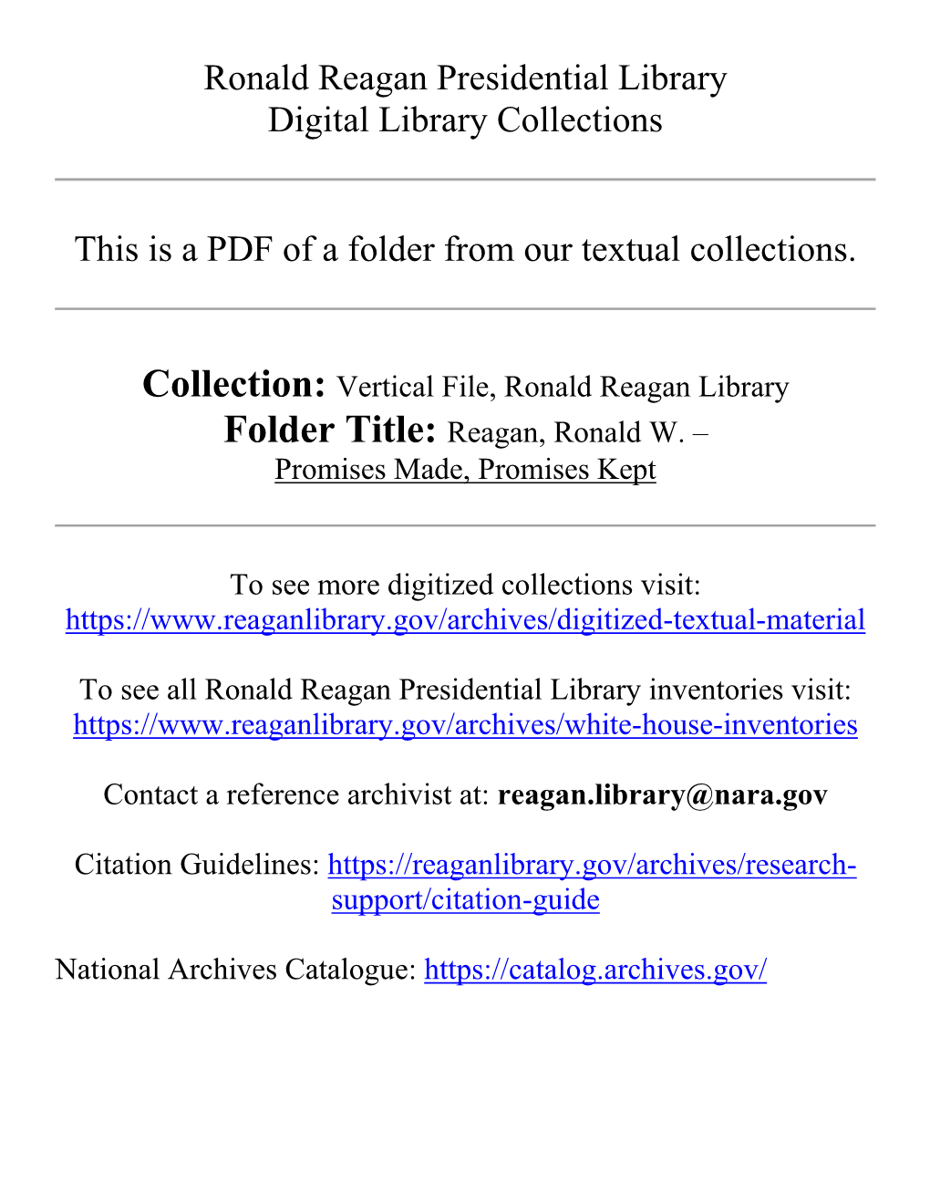 Collection: Vertical File, Ronald Reagan Library Folder Title: Reagan, Ronald W