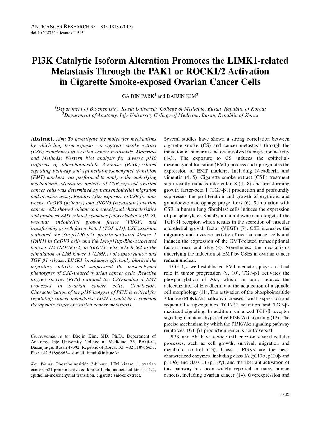 PI3K Catalytic Isoform Alteration Promotes the LIMK1-Related