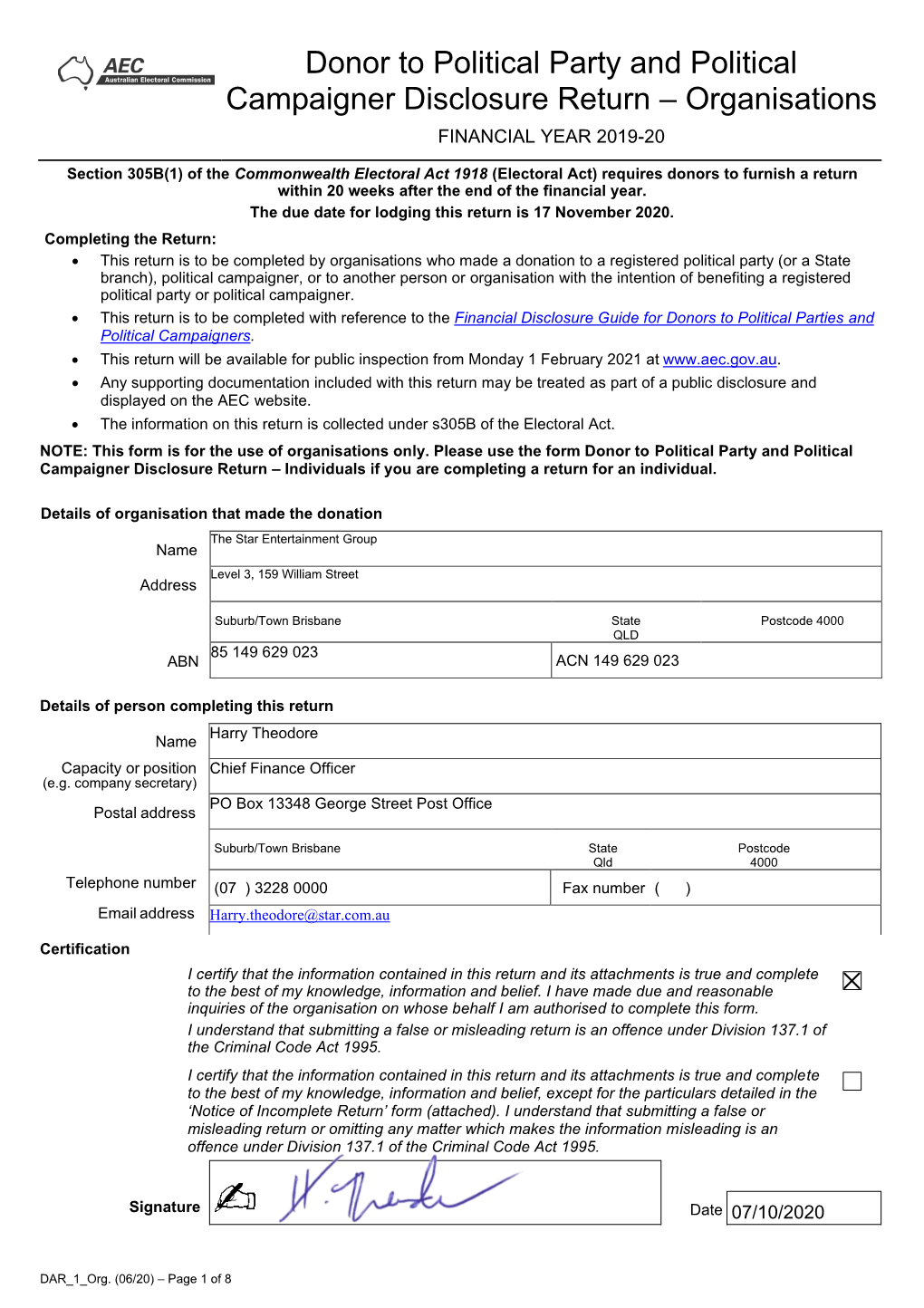 Donor to Political Party and Political Campaigner Disclosure Return – Organisations FINANCIAL YEAR 2019-20