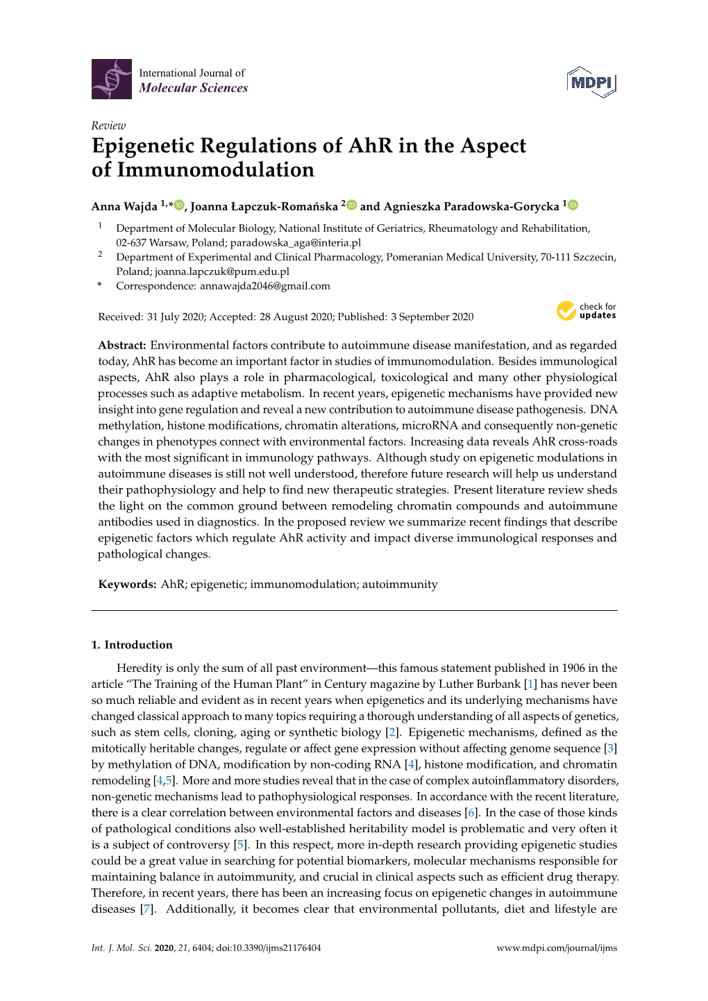 Epigenetic Regulations of Ahr in the Aspect of Immunomodulation