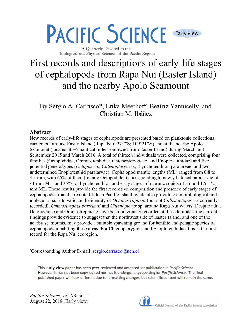 First Records and Descriptions of Early-Life Stages of Cephalopods from Rapa Nui (Easter Island) and the Nearby Apolo Seamount