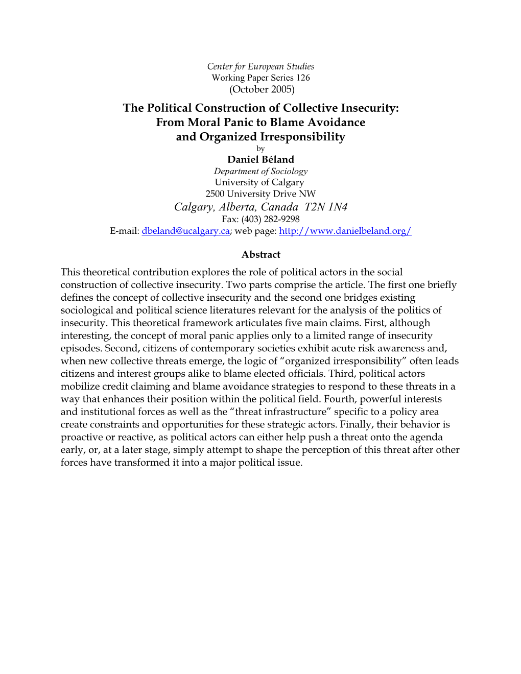 The Political Construction of Collective Insecurity: from Moral Panic To