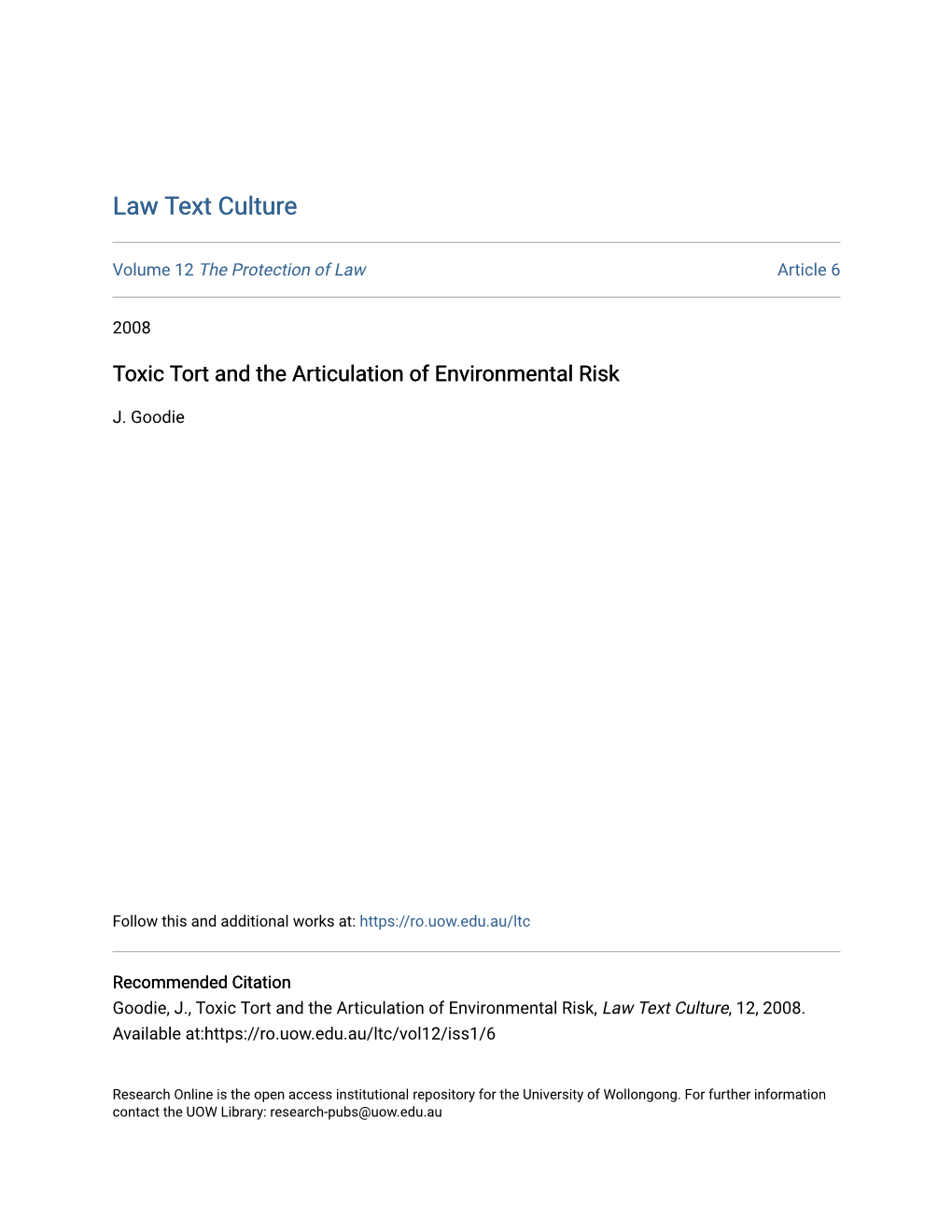 Toxic Tort and the Articulation of Environmental Risk