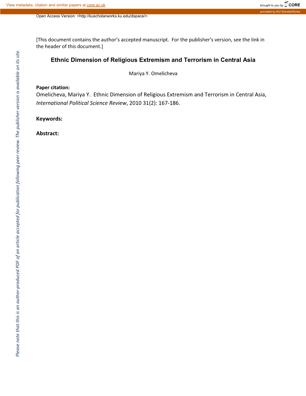 Ethnic Dimension of Religious Extremism and Terrorism in Central Asia Omelicheva, Mariya Y. Ethnic Dimension of Religious Extre