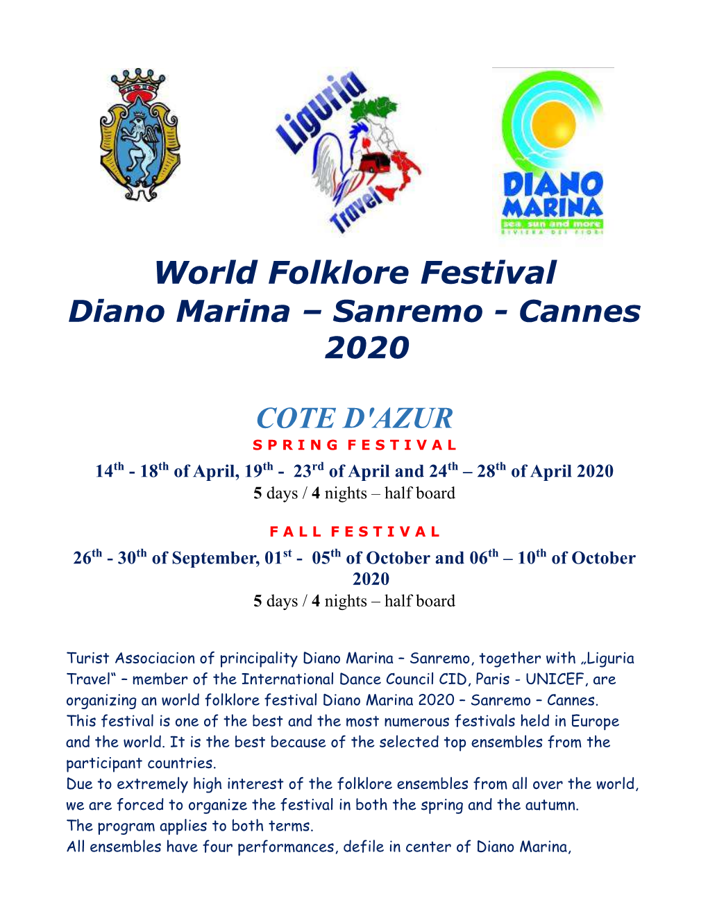 World Folklore Festival Diano Marina – Sanremo - Cannes 2020