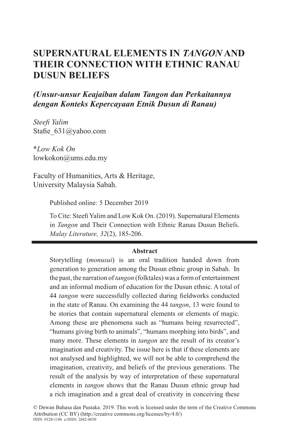 Supernatural Elements in Tangon and Their Connection with Ethnic Ranau Dusun Beliefs