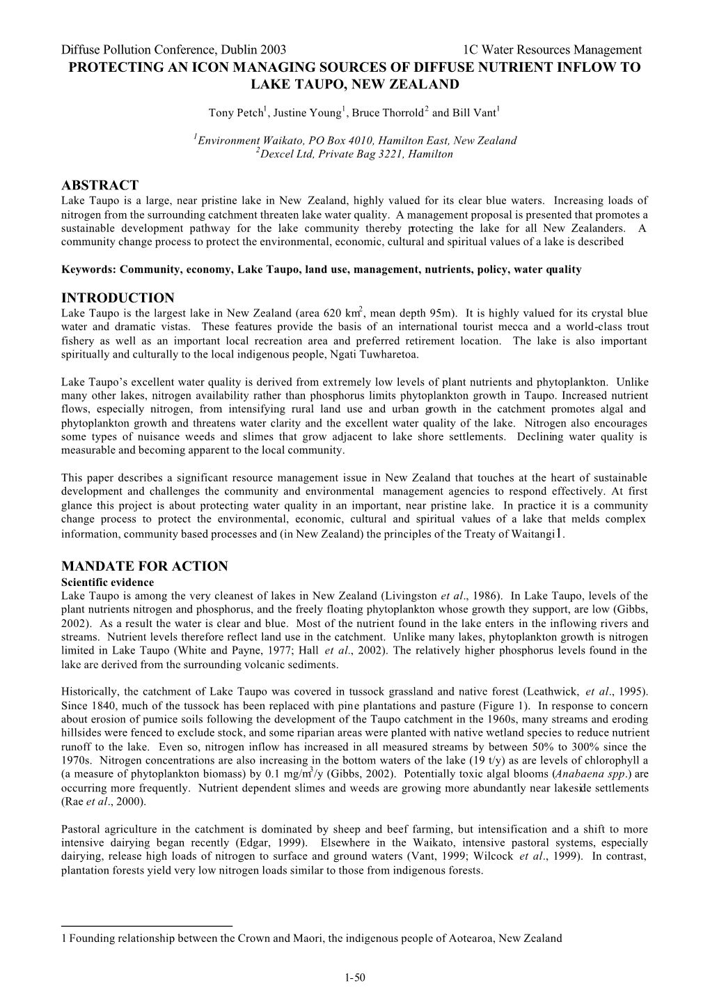 Protecting an Icon Managing Sources of Diffuse Nutrient Inflow to Lake Taupo, New Zealand Abstract Introduction Mandate for Acti