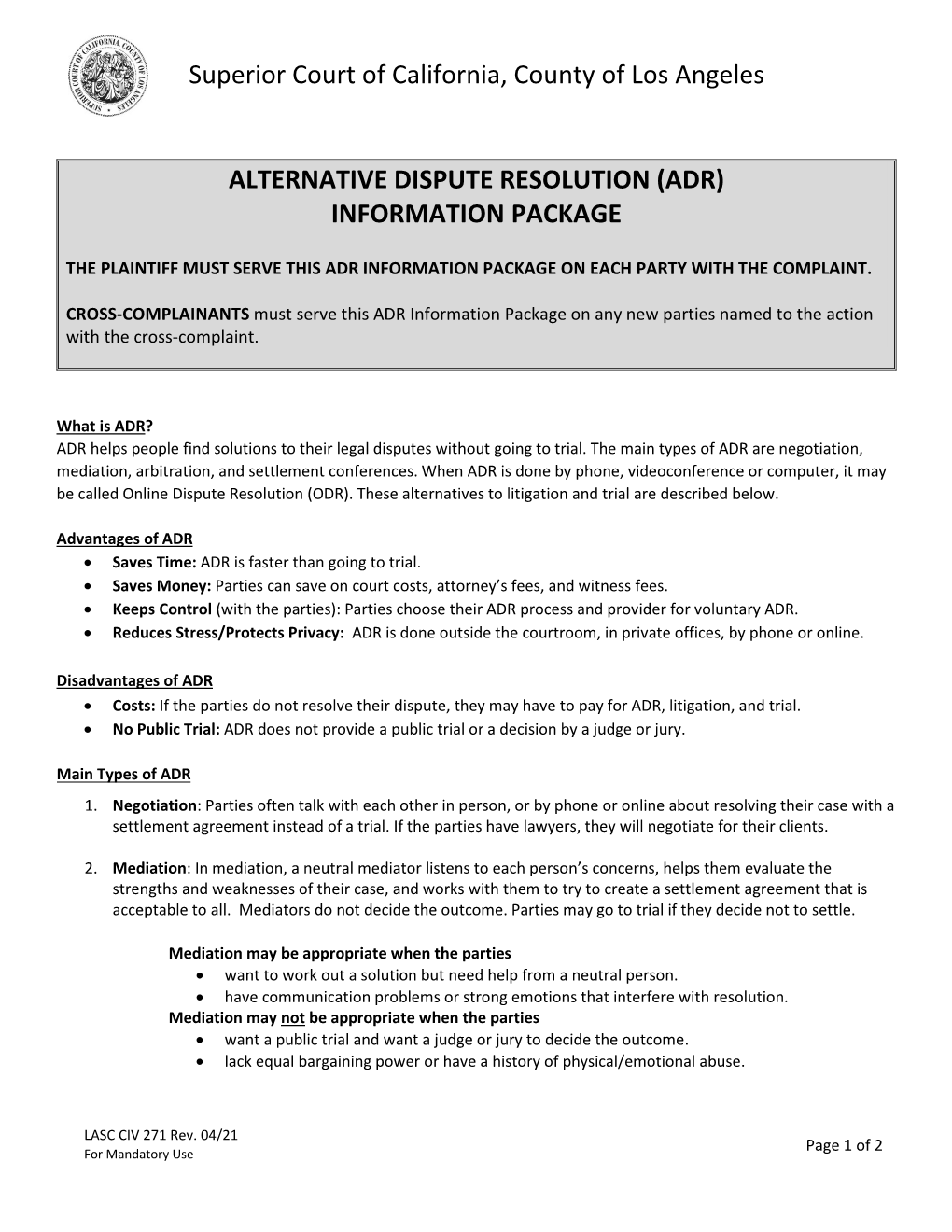 Alternative Dispute Resolution (Adr) Information Package