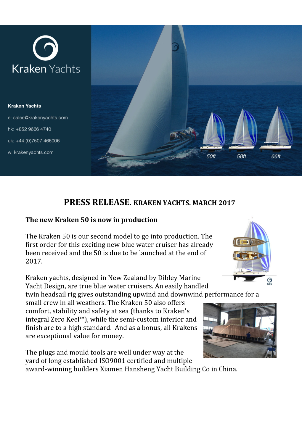 Press Release. Kraken Yachts. March 2017