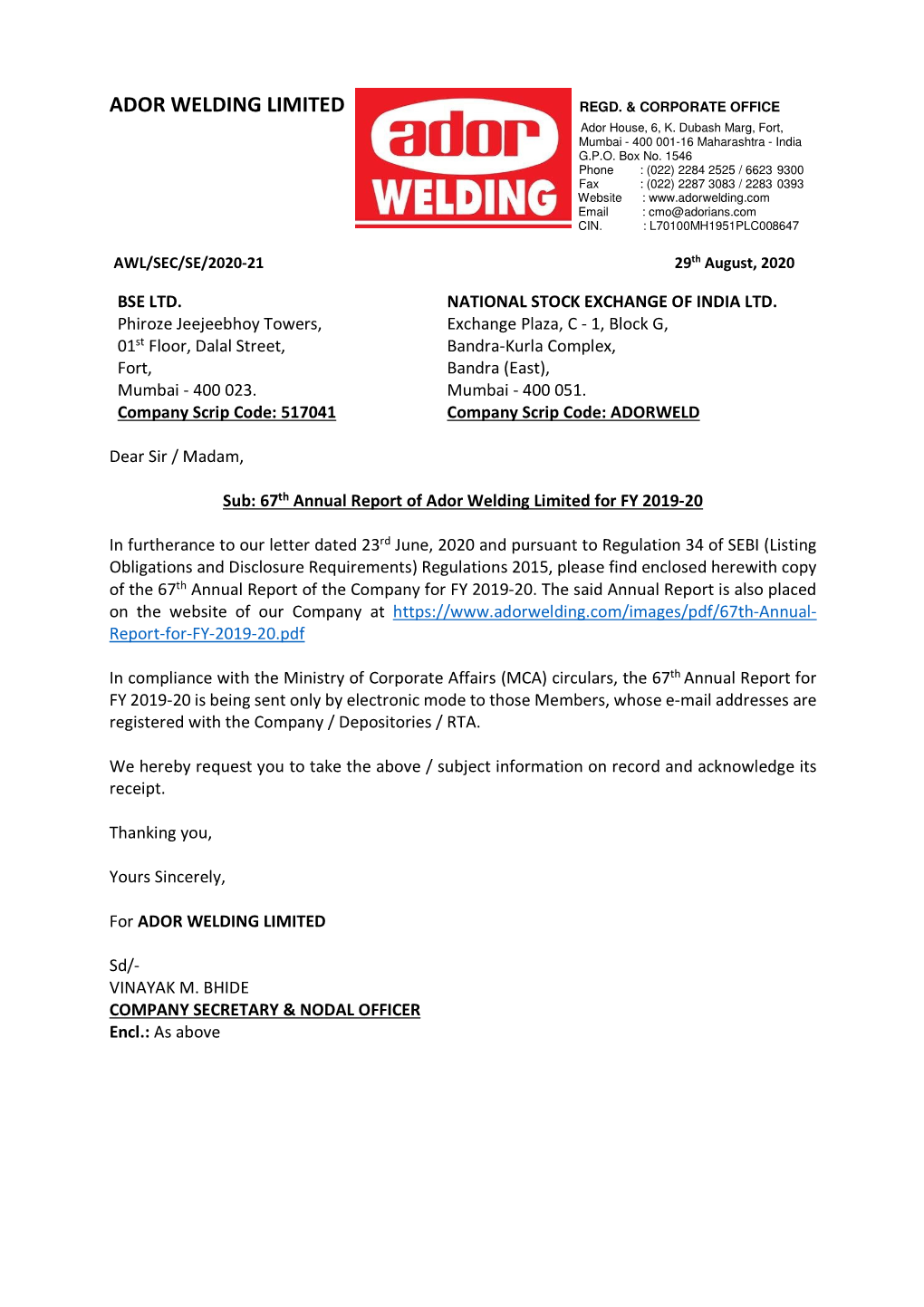 Ador Welding Limited Regd